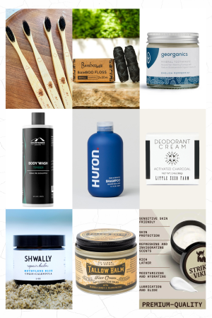 9-Item Bathroom Bundle including Schwally lotion, Roots and Leaves face cream, and clean men’s grooming essentials.