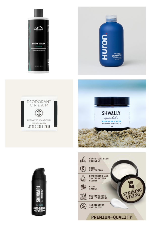 Premium Body Care & Skincare Box with Mountaineer Brand body wash, Huron shampoo, Little Seed Farm deodorant, Schwally lotion, SYR anti-aging cream, and Striking Viking shaving cream crafted with natural, chemical-free formulas