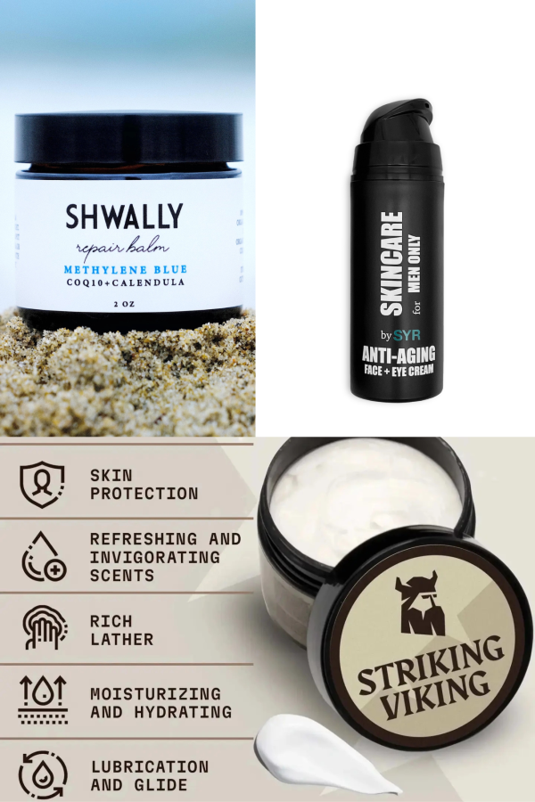 Skincare & grooming set for men with Schwally lotion, SYR anti-aging cream, and Striking Viking shaving cream made with clean ingredients
