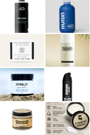 Natural men’s skincare and grooming collection with body wash, shampoo, deodorant, lotion, anti-aging, and shaving cream from top brands