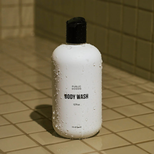public goods body wash on shower floor